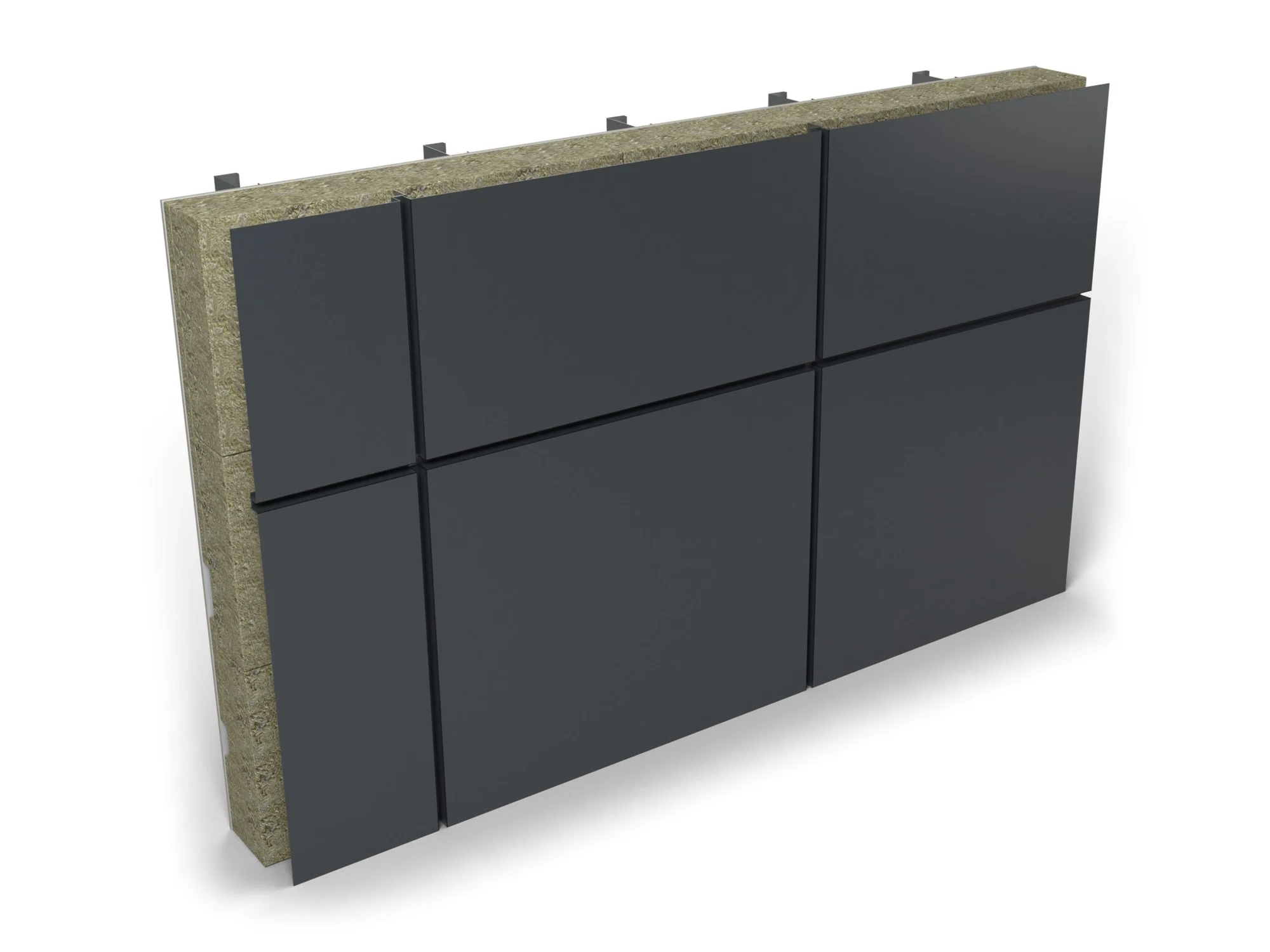 Express ALU Pro Fixed Cassette, finished wall: 3 mm aluminium cassettes in RAL 7016 with 25 mm recessed joints, the fixings in the vertical joints; the build-up shows at the sample's open edges (illustrative render)