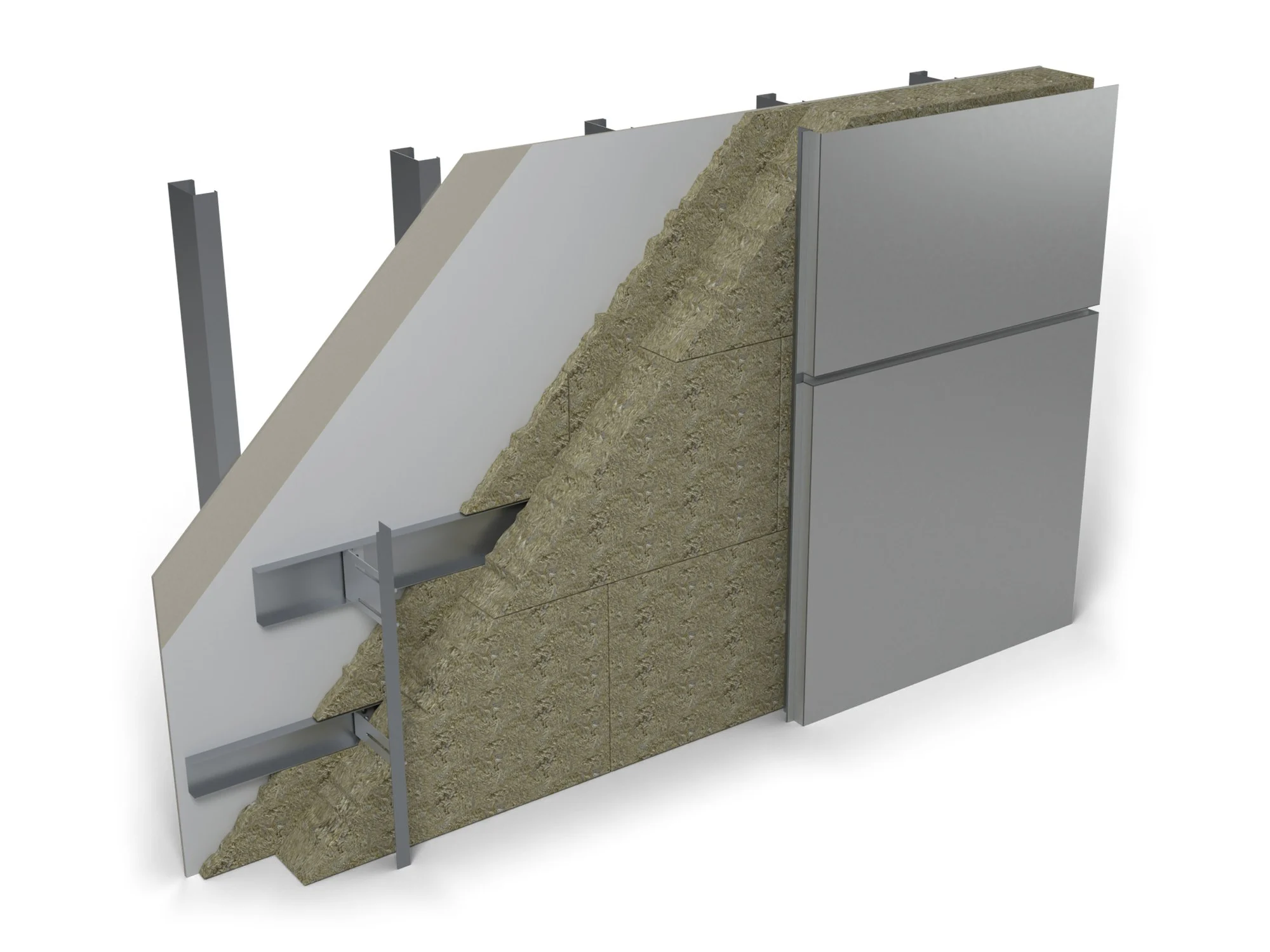 Express ALU Pro Fixed Cassette cut-away: 3 mm aluminium cassettes in RAL 9006 with 25 mm open joints, fixed through their overlapping return flanges in the vertical joints to 60 × 40 mm aluminium angle rails; Express FS single and double brackets on horizontal galvanised channels, insulation, breather membrane, sheathing board and SFS studs (illustrative render)