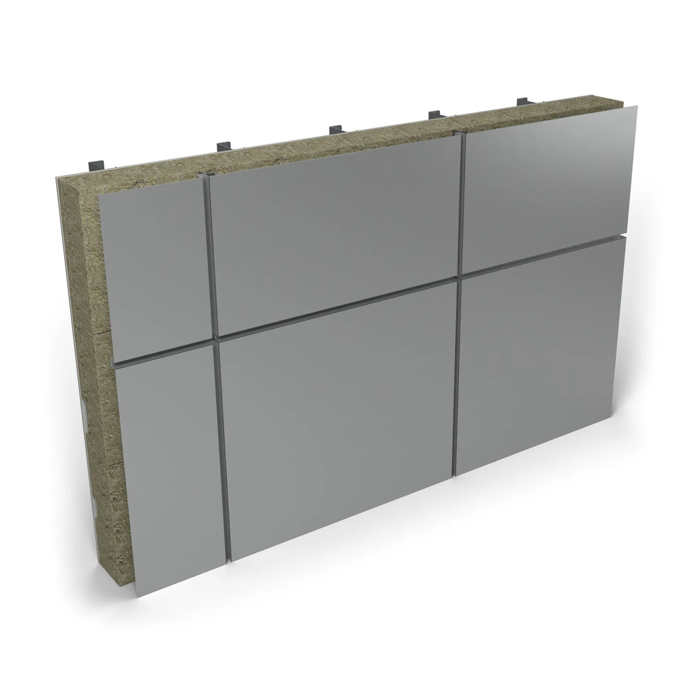 Express ALU Pro Fixed Cassette, finished wall: 3 mm aluminium cassettes in RAL 9006 with 25 mm recessed joints, the fixings in the vertical joints; the build-up shows at the sample's open edges (illustrative render)