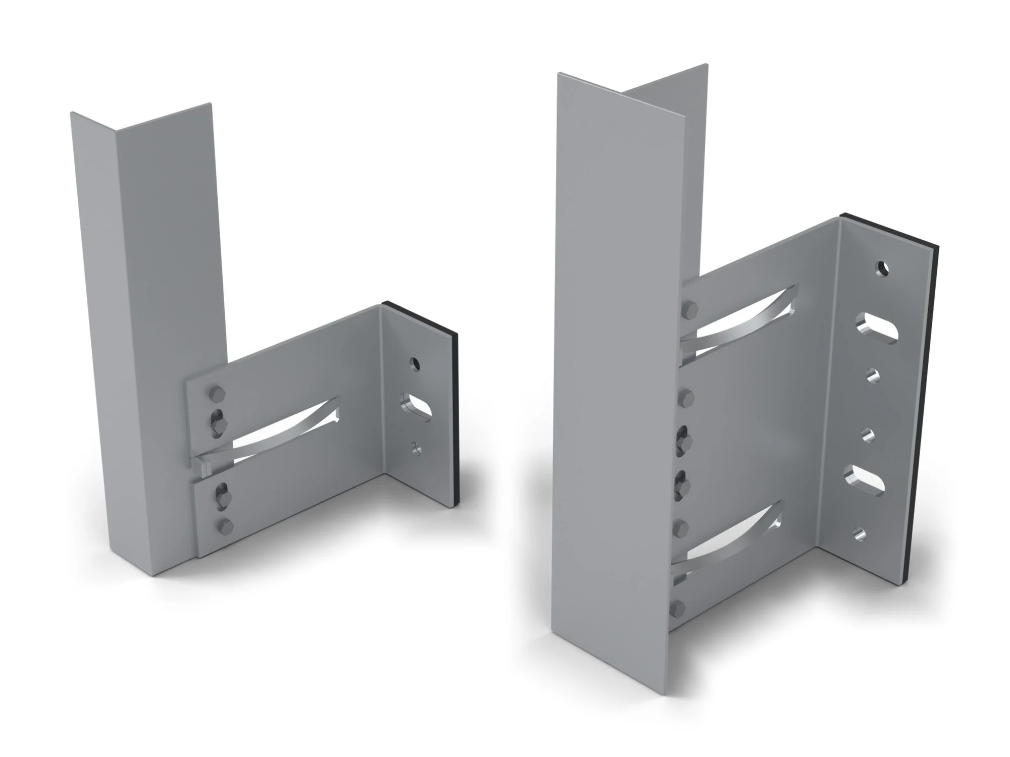 Express FS single façade bracket carrying an aluminium L-rail and double bracket carrying a T-rail, black thermal pads behind the wall legs (illustrative render)