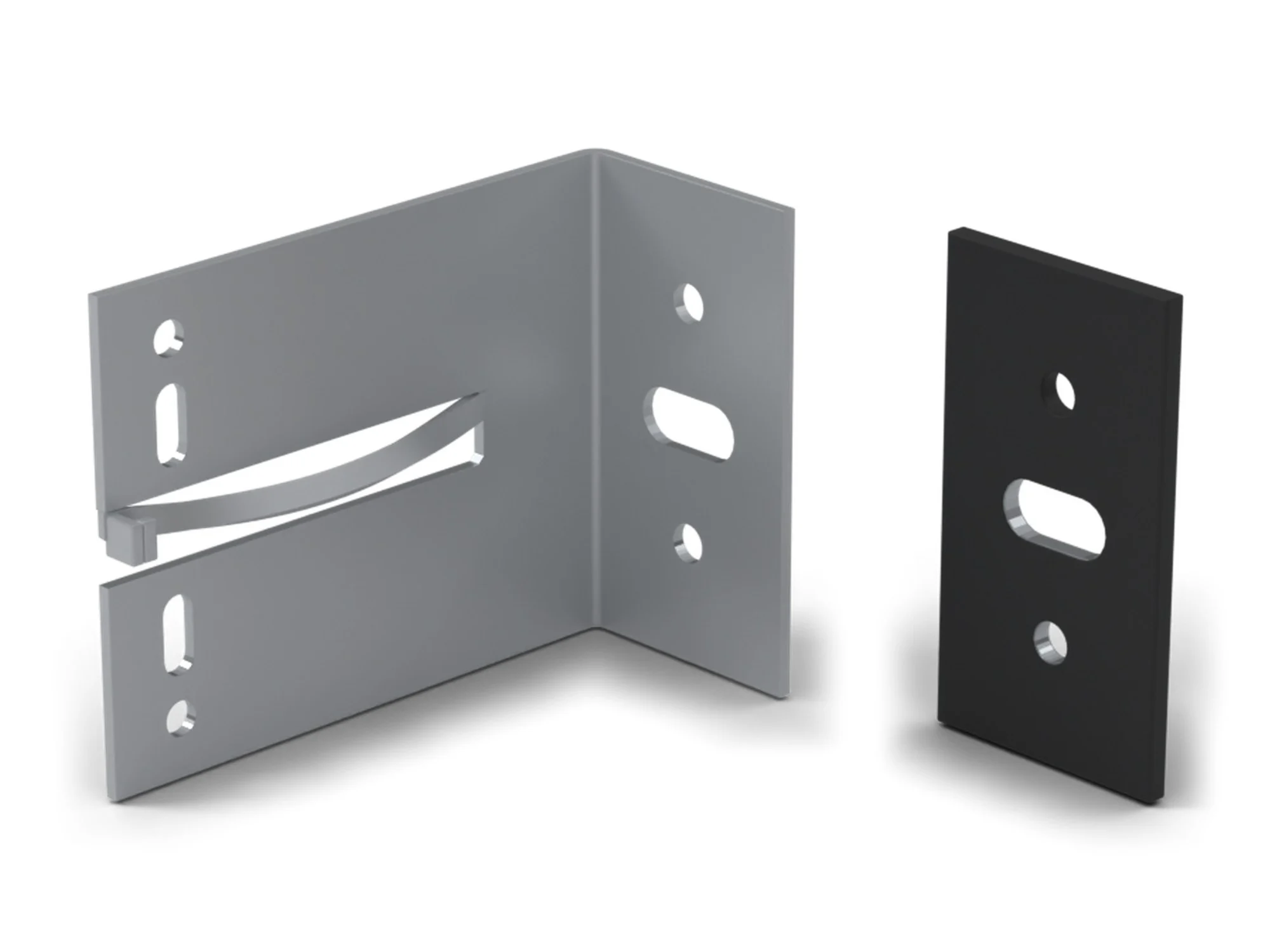 Express FS Single Façade Bracket EFS-1 in aluminium: an angle with one fork slot and a hooked tip, round and slotted holes, and its black thermal pad beside it (illustrative render)