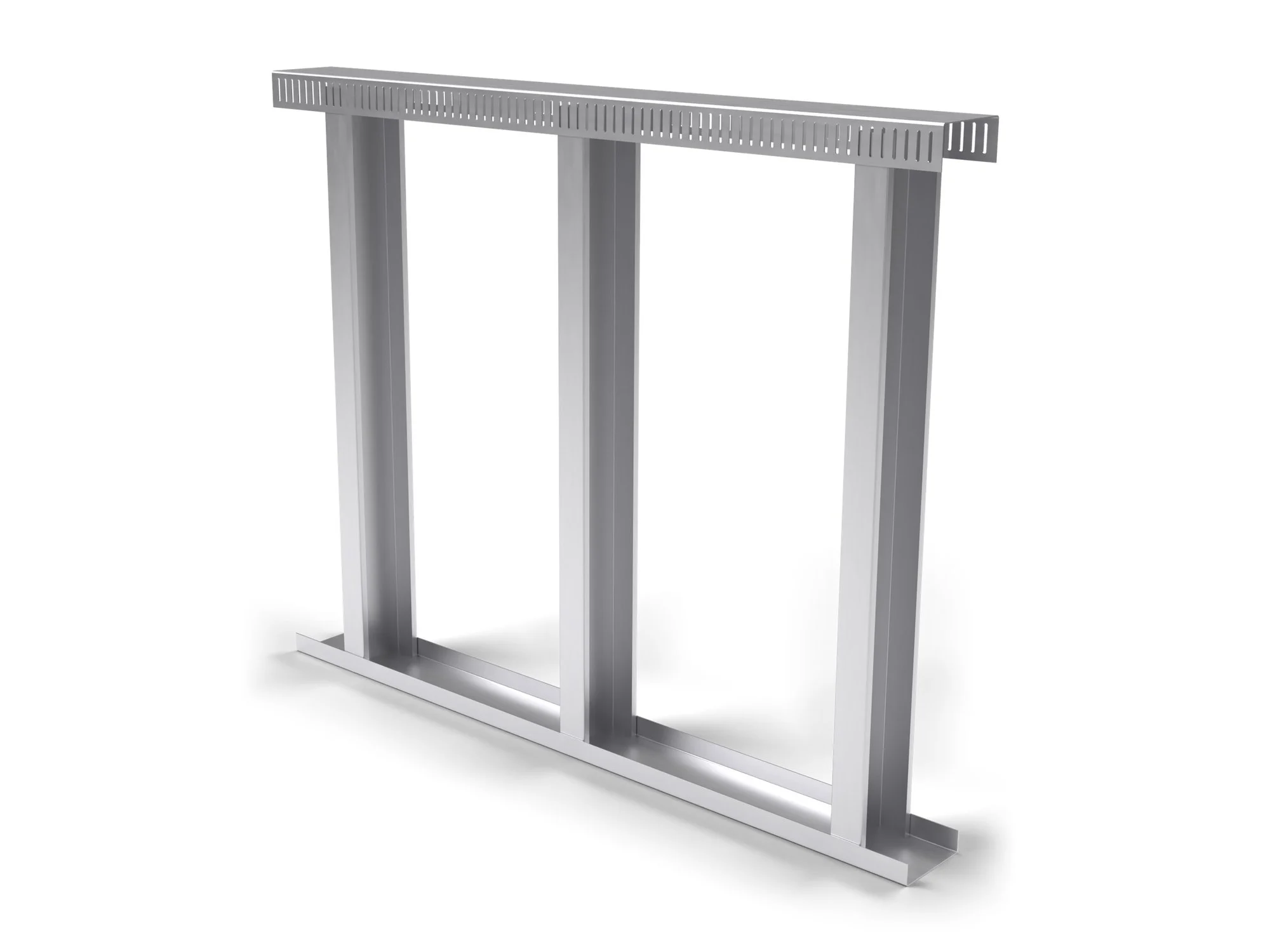 MET-PRO SFS wall frame in galvanised steel: base track, three C-studs and a slotted head track (illustrative render)