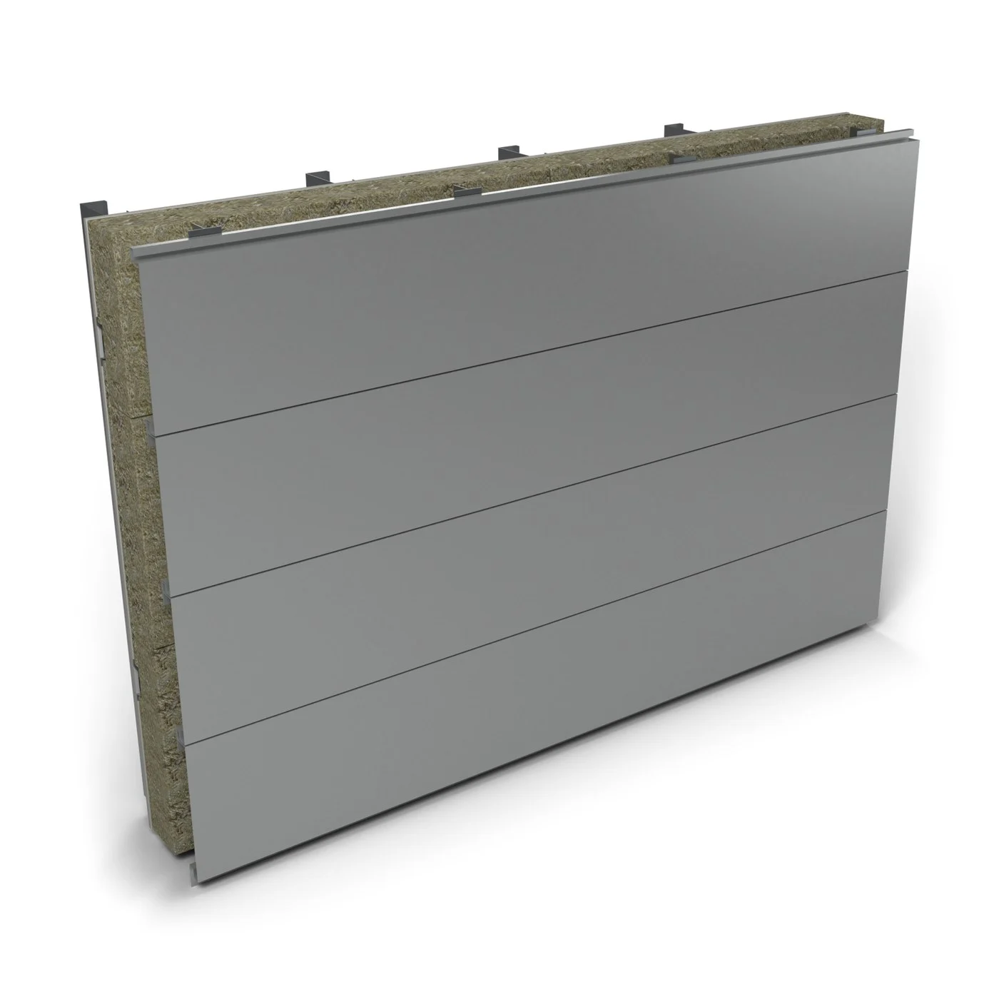 Express ALU Pro Plank, finished wall: 400 mm aluminium planks in RAL 9006 laid horizontally with slim shadow joints; the build-up shows at the sample's open edges (illustrative render)