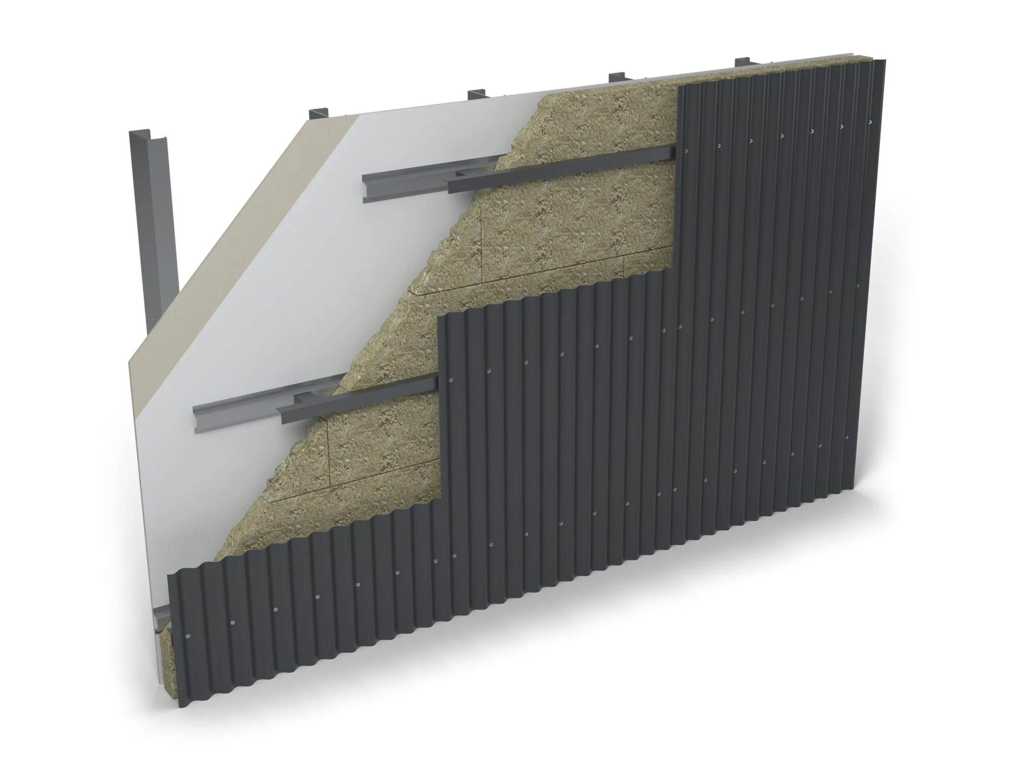 Express Pro 53 corrugated wall cut-away: vertical RAL 7016 corrugated sheets fixed in alternate troughs to steel rails on fixing brackets with insulation between them, galvanised top hats, breather membrane, sheathing board and MET-PRO SFS studs (illustrative render)