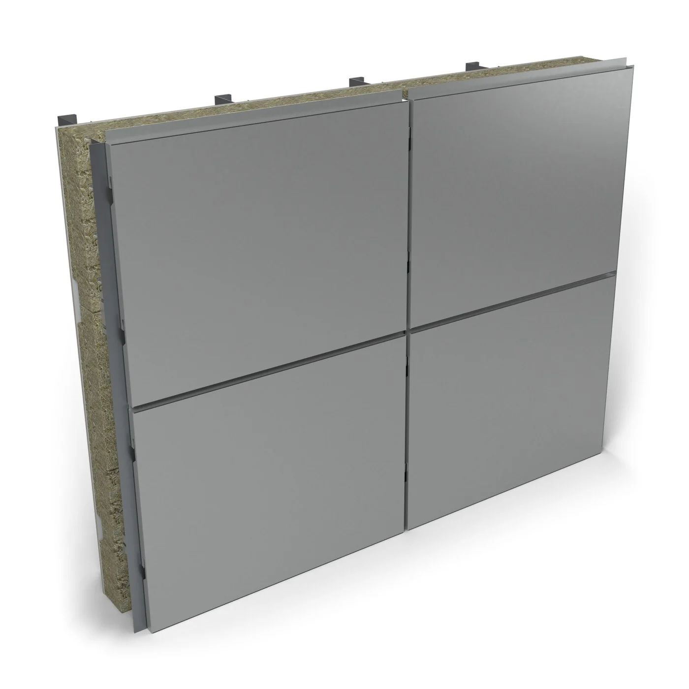 Express ALU Pro Secret Fix, finished wall: 3 mm aluminium panels in RAL 9006 with 20 mm open joints and no visible fixings; the build-up shows at the sample's open edges (illustrative render)