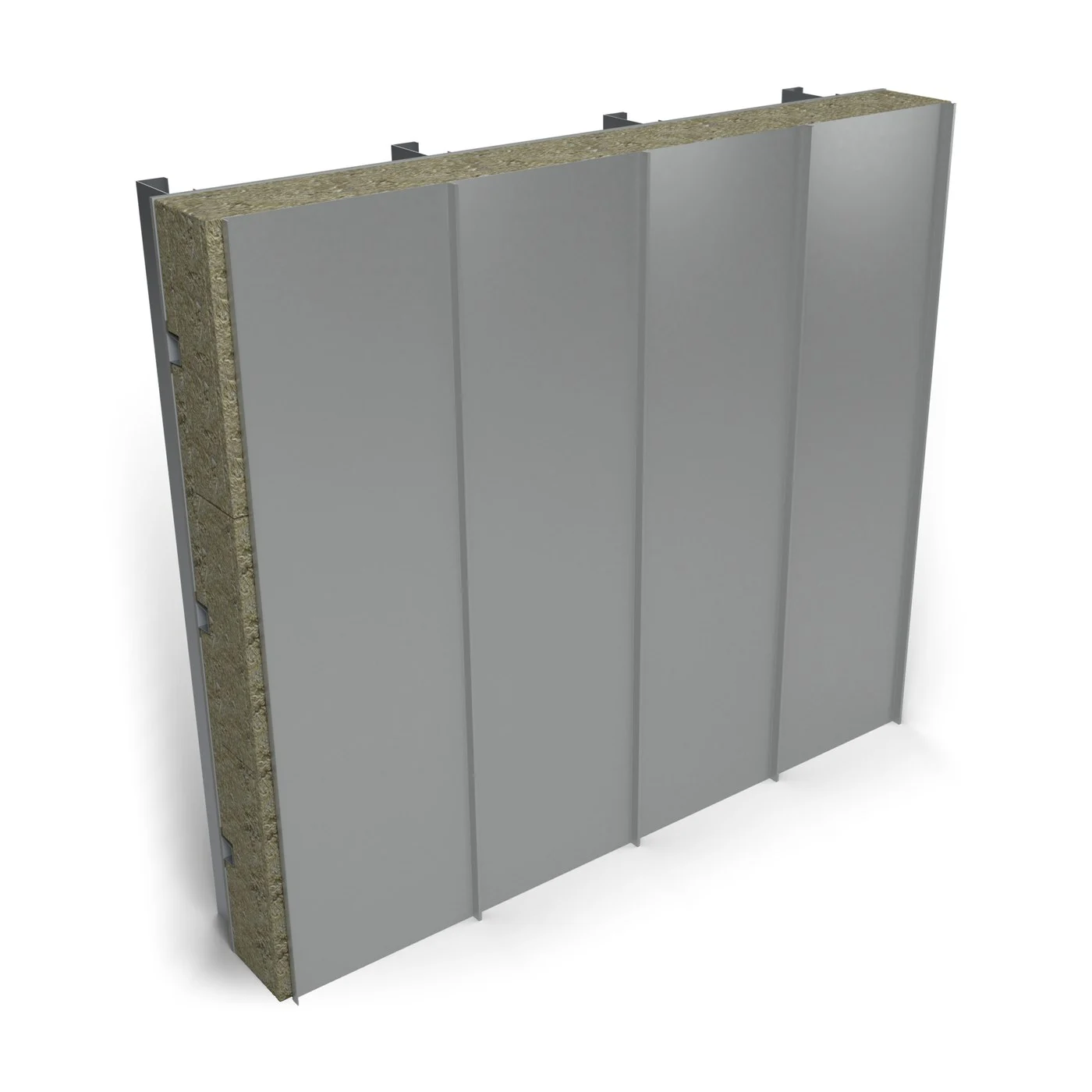 Express Pro Standing Seam, finished wall: vertical 0.7 mm steel standing seam sheets in RAL 9006, flat pans between raised seams at 500 mm centres; the build-up shows at the sample's open edges (illustrative render)